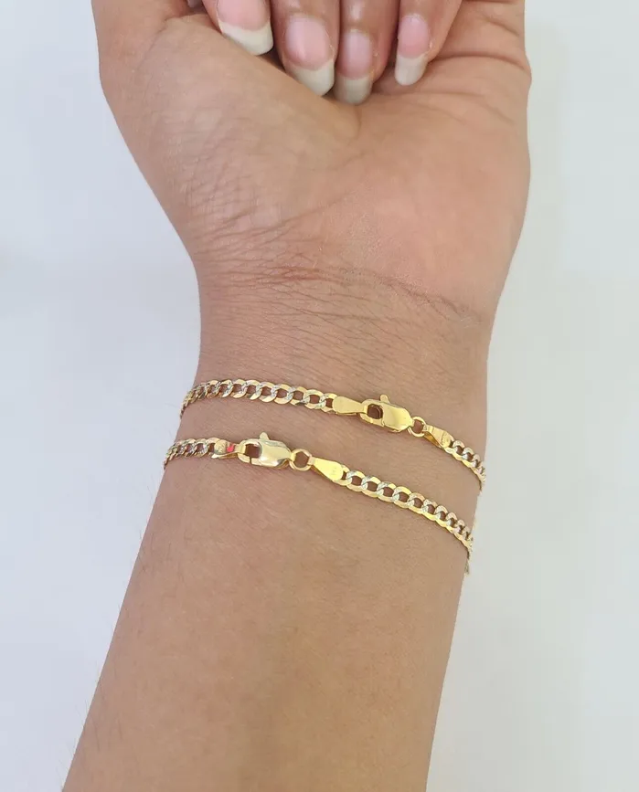 Gold and Diamond Bracelets 14K Solid Cuban Curb Link Bracelet Diamond Cut 3mm 7 Inch REAL Yellow Gold